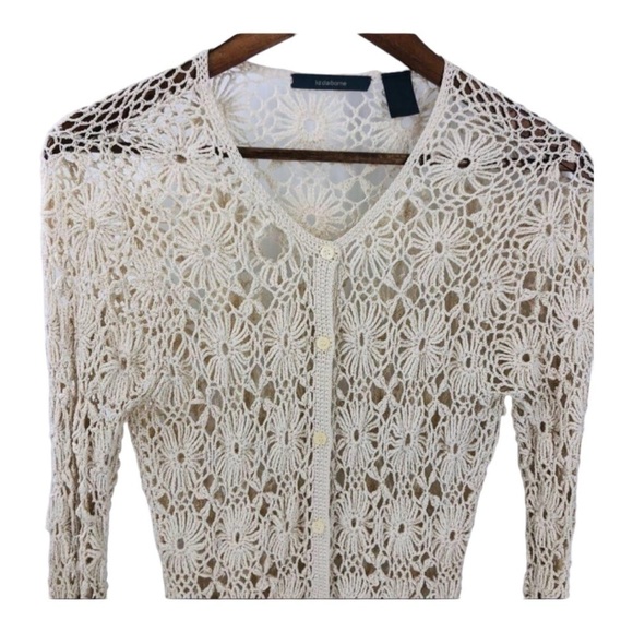 Liz CLAIBORNE Vintage Silk Off White Open Crochet Knit Cardigan Sweater Large - Picture 3 of 8